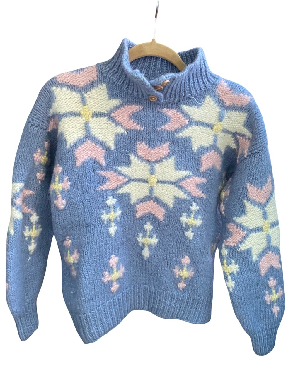Vintage Windcrest 100% wool floral purple button neck knit sweater size small
